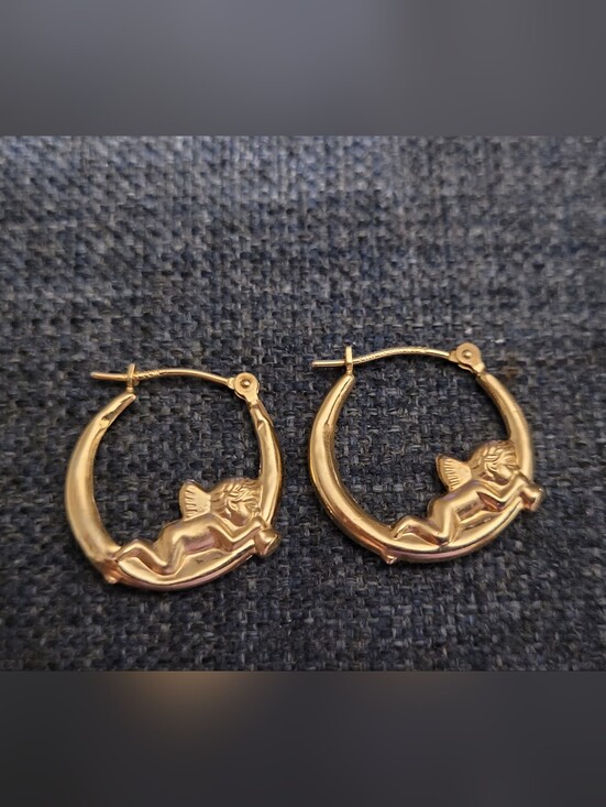 Jacmel Mauritius Jewelry - Vintage JCM Jacmel Mauritius 14k Gold Cherub Angel Puffy Hoop Earrings